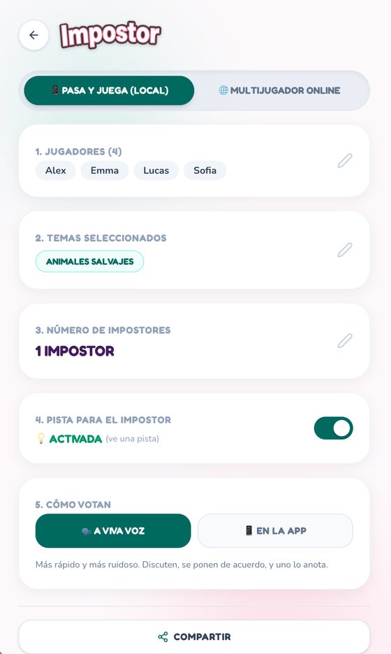 La pantalla para armar la ronda
